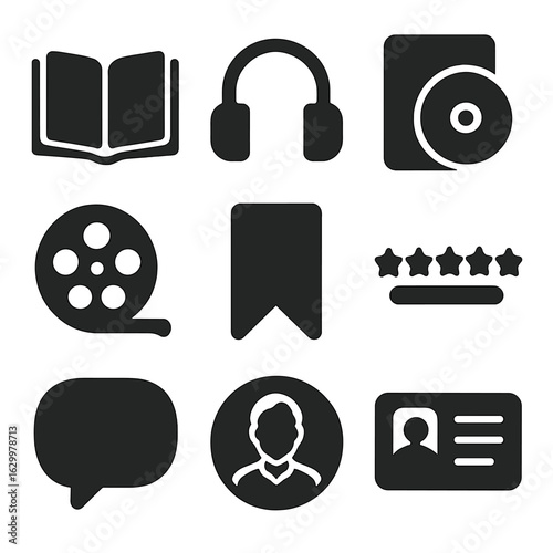 Book and Media Icons. Solid, filled icons set of Book and media reviews: open book, headphones, DVD case, film