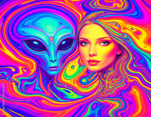 Alien and Woman Merged Psychedelic Vision