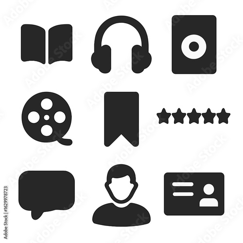 Book and Media Icons. Solid, filled icons set of Book and media reviews: open book, headphones, DVD case, film