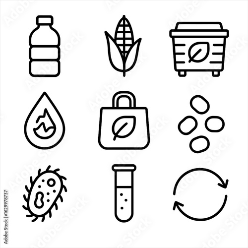 Bioplastic Icon Set. Outline icon set of sustainable bioplastic innovations: PLA bottle, corn stalk, compost bin, enzyme droplet,