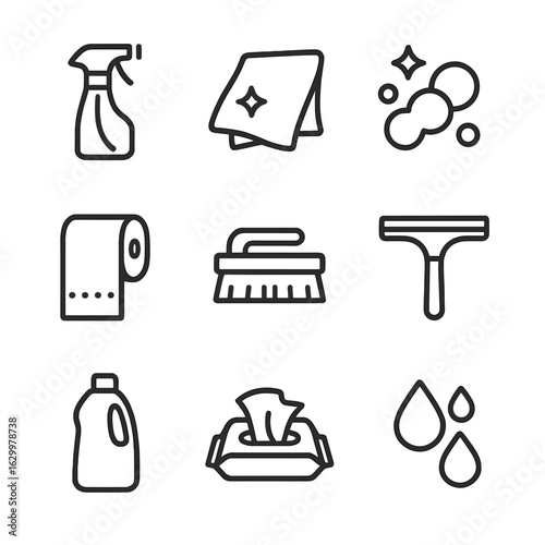 Cleaning Tools Icons. Outline icon set of smudge cleaning: cleaning spray, microfiber cloth, soap suds, paper towel, cleaning