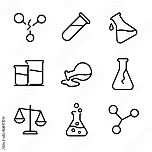 Chemical Imbalance Icons. Outline icon set of chemical imbalance: broken molecule, tilted test tube, leaking flask, uneven beakers