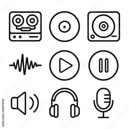 Audio Icon Set. Outline icon set of audio recording and playback: tape recorder, vinyl record, CD player, audio waveform, play