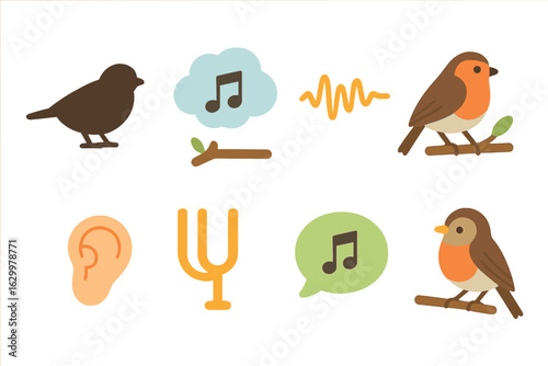 Bird and Whale Songs. Flat vector mini-illustrations bird song dialects in colors children's illustrations: sparrow silhouette,