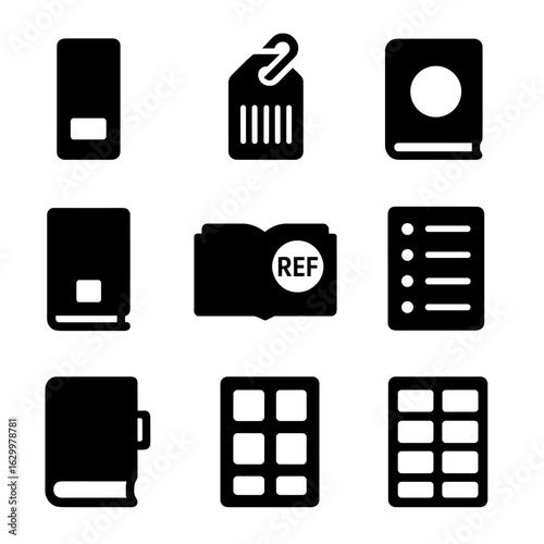 Book Icon Grid. Solid, filled icons set of labeling and tagging book categories: spine label icon, barcode tag