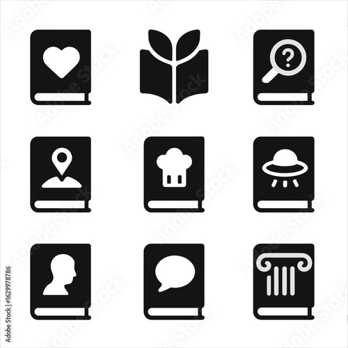 Book Genre Icons. Solid, filled icons set of book genres for couples: romance novel, poetry book, mystery