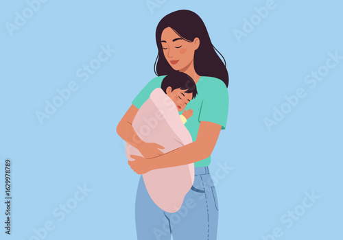 Mother Holding Sleeping Baby Wrapped in Pink Blanket, Eyes Closed