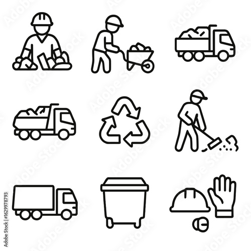 Debris Cleanup Icons. Outline icon set of debris cleanup process: sorting debris, loading debris, transporting debris, dumping