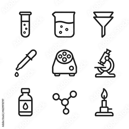 Chemical Purification Icons. Outline icon set of chemical purification: test tube, beaker, filter paper, pipette, centrifuge,