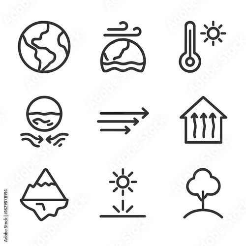 Climate Science Icons. Outline icon set of climate science: Earth, atmosphere, temperature, ocean currents, jet stream, greenhouse
