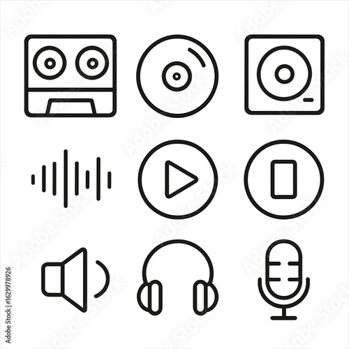 Audio Icon Set. Outline icon set of audio recording and playback: tape recorder, vinyl record, CD player, audio waveform, play