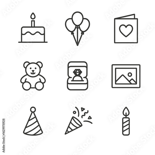 Birthday Icon Set. Outline icon set of birthday gift ideas: birthday cake, balloon bouquet, greeting card, plush toy, jewelry box,
