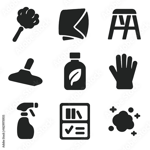 Bookshelf Cleaning Icons. Solid, filled icons set of bookshelf cleaning and care: duster icon, microfiber