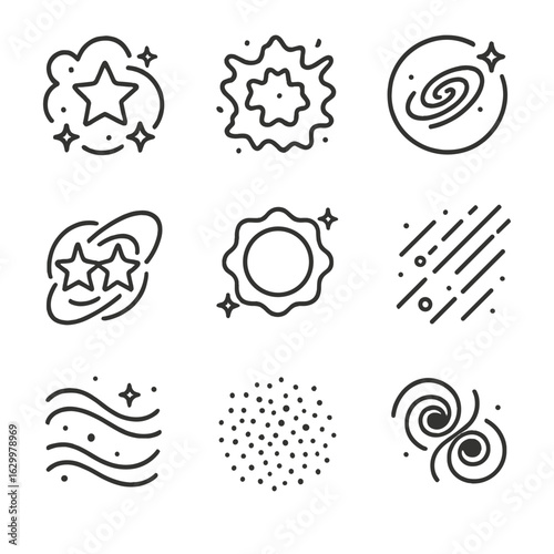 Deep Space Icons. Outline icon set of deep space phenomena: stellar nursery, supernova remnant, galactic halo, binary star system,