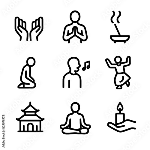 Deity Worship Icon Set. Outline icon set of deity worship practices: offering hands, prayer position, incense smoke, kneeling