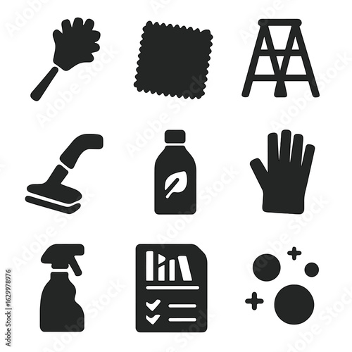 Bookshelf Cleaning Icons. Solid, filled icons set of bookshelf cleaning and care: duster icon, microfiber