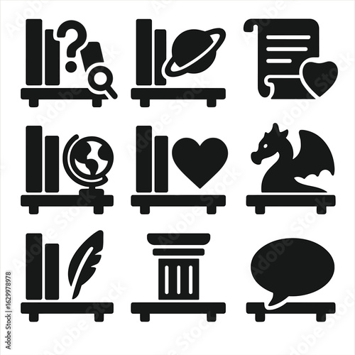Bookshelf Icon Grid. Solid, filled icons set of themed bookshelf arrangements: mystery genre symbol, sci-fi
