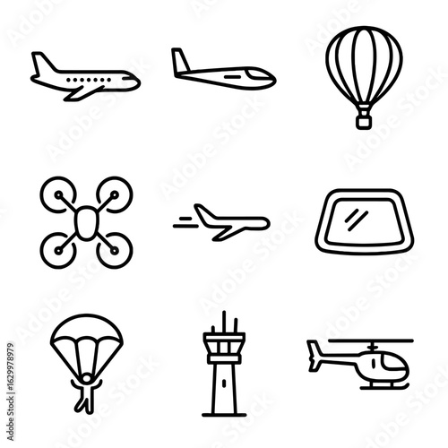 Aviation and Atmosphere Icons. Outline icon set of aviation and flight: airplane silhouette, glider outline, hot air balloon,