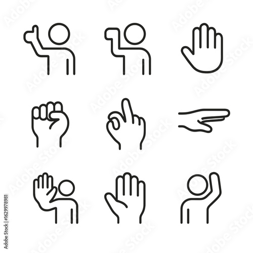 Climbing Hand Signal Icons. Outline icon set of rock climbing hand signals: belay on signal, belay off signal, take slack signal,