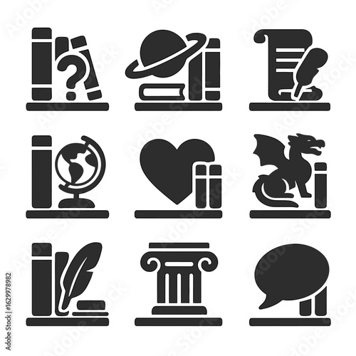 Bookshelf Icon Grid. Solid, filled icons set of themed bookshelf arrangements: mystery genre symbol, sci-fi