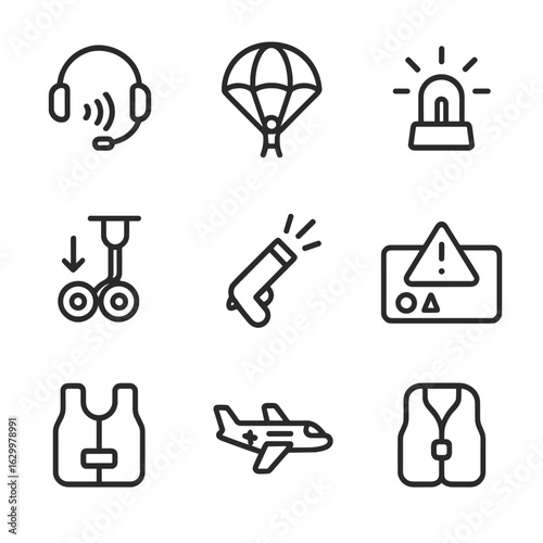 Aviation and Flag Icons. Outline icon set of aviation distress: mayday call icon, emergency parachute, beacon transmitter,