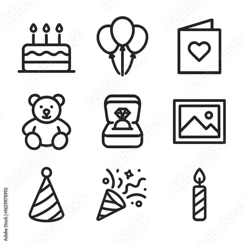 Birthday Icon Set. Outline icon set of birthday gift ideas: birthday cake, balloon bouquet, greeting card, plush toy, jewelry box,