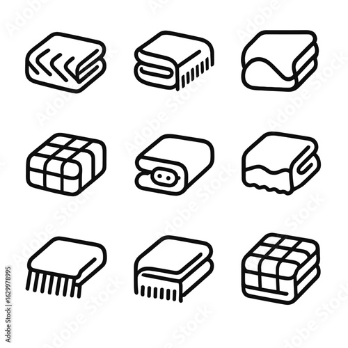 Blanket Icon Set. Outline icon set of blanket varieties: wool blanket, fleece throw, knitted throw, quilt, electric blanket,