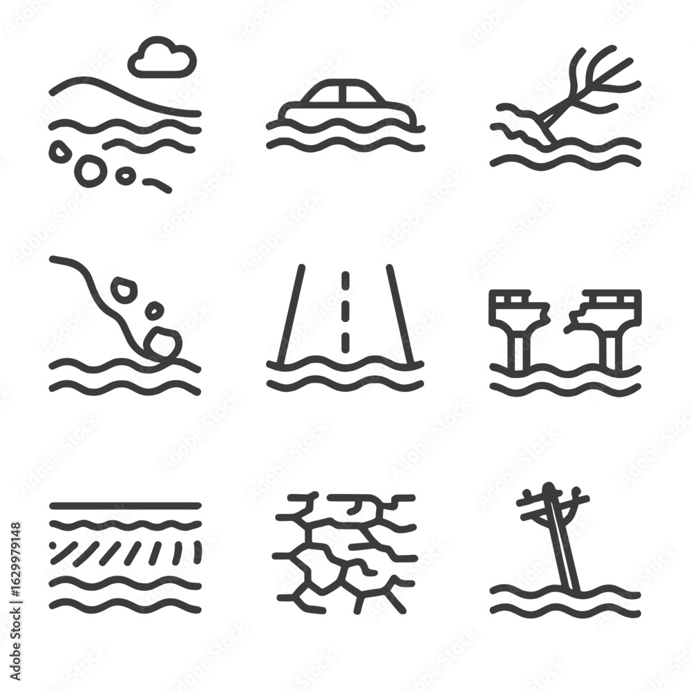 Fototapeta premium Deluge Icon Set. Outline icon set of deluge natural effects: swollen river, submerged car, uprooted tree, mudslide, wet road,