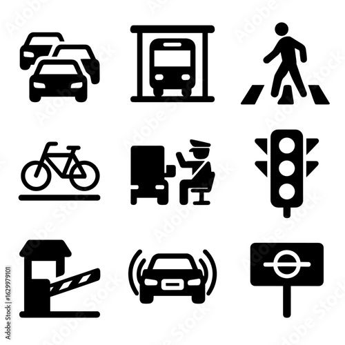 Border Crossing Icons. Solid, filled icons set of border crossing transportation: car queue, bus stop,