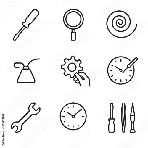 Clock Repair Icon Set. Outline icon set of clock repair tools: screwdriver, magnifying glass, clock spring, oil can, gear