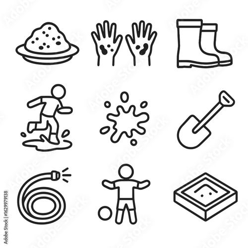 Children's Mud Play Icons. Outline icon set of mud in children's play: mud pie, muddy hands, rain boots, puddle jumping, mud
