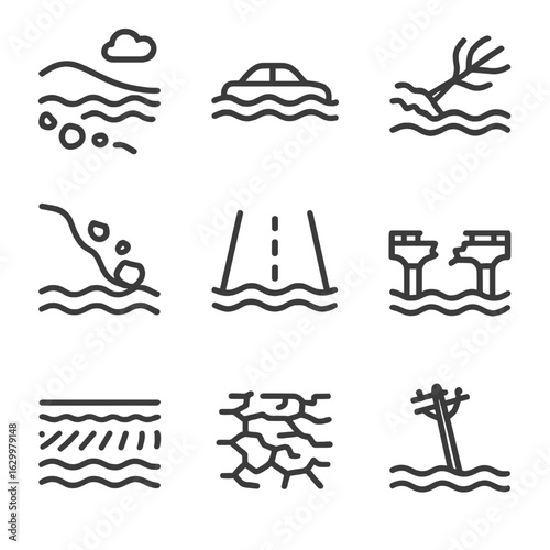 Deluge Icon Set. Outline icon set of deluge natural effects: swollen river, submerged car, uprooted tree, mudslide, wet road,