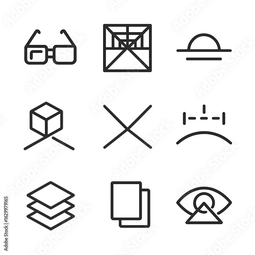 3D Depth Icon Set. Outline icon set of spatial depth: 3D glasses, perspective lines, horizon, shadows, vanishing point, distance