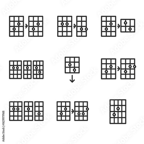 Chord Progression Icons. Outline icon set of chord in songwriting: verse chord progression, chorus chord progression, intro chords