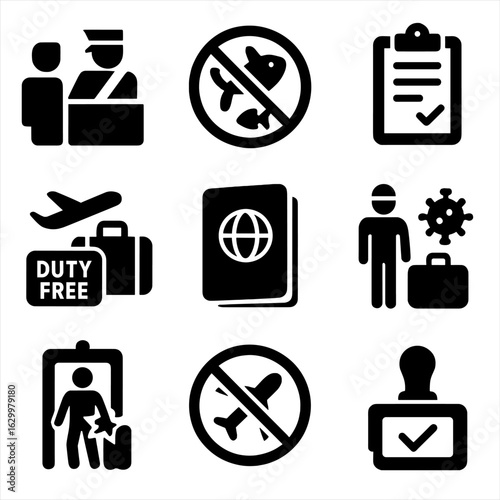 Border Regulations Icons. Solid, filled icons set of border crossing regulations: customs rules, prohibited