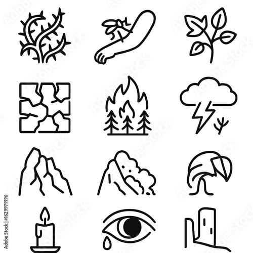 Despair and Nature Icons. Outline icon set of pain in nature: thorn bush, insect bite, poison ivy, cracked earth, wildfire, storm