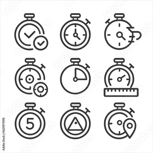 Chronometer Icon Set. Outline icon set of chronometer related concepts: accuracy, timing, speed, precision, interval, measurement,