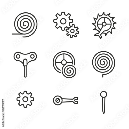 Clockwork Icon Set. Outline icon set of mechanical timing: clockwork spring, gear assembly, escapement wheel, winding mechanism,