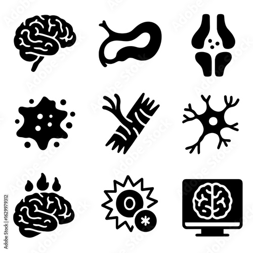 Brain Anatomy Icons. Solid, filled icons set of brain anatomy and pathology: cerebral cortex, hippocampus,