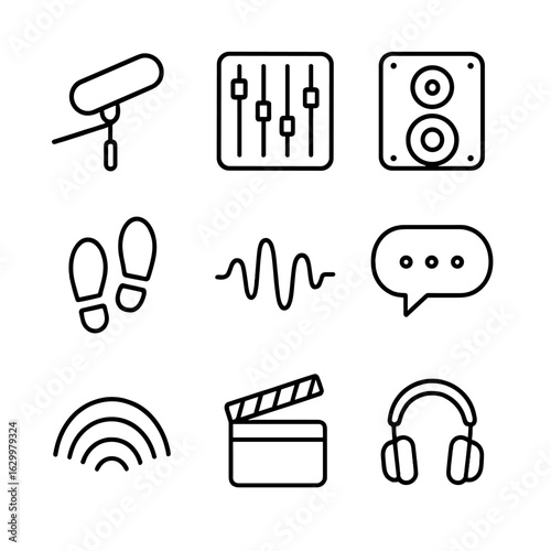 Cinema Sound Icons. Outline icon set of sound design in cinema: boom mic, audio mixer, speaker icon, Foley footsteps, ambient wave