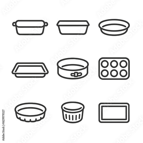 Baking Dishes Icon Set. Outline icon set of baking dishes: casserole dish, loaf pan, pie dish, baking tray, springform pan, muffin