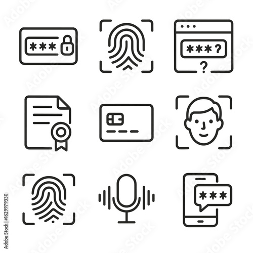Digital Authentication Icons. Outline icon set of digital authentication methods: OTP (one-time password), biometric scan,