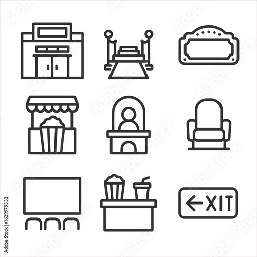 Cinema Icons Grid. Outline icon set of cinema architecture: movie theater facade, red carpet, marquee sign, popcorn stand, ticket