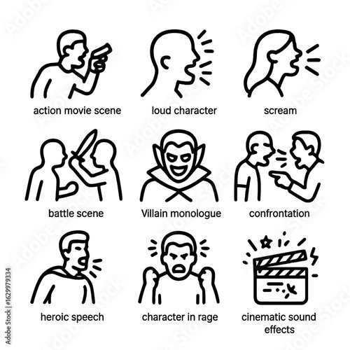 Cinema Shout Icons. Outline icon set of shout in cinema: action movie scene, loud character, scream, battle scene, villain