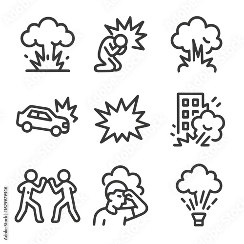 Cinema Explosions Icons. Outline icon set of boom in cinema: action movie explosion, dramatic scene climax, cinematic blast,