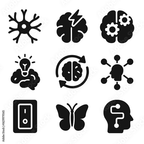 Brain Transformation Icons. Solid, filled icons set of brain and thought transformation: neuron, brain with