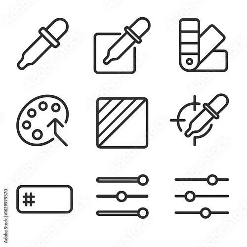 Digital Color Tool Icons. Outline icon set of digital color tools: eyedropper tool, color picker, swatch library, palette export,