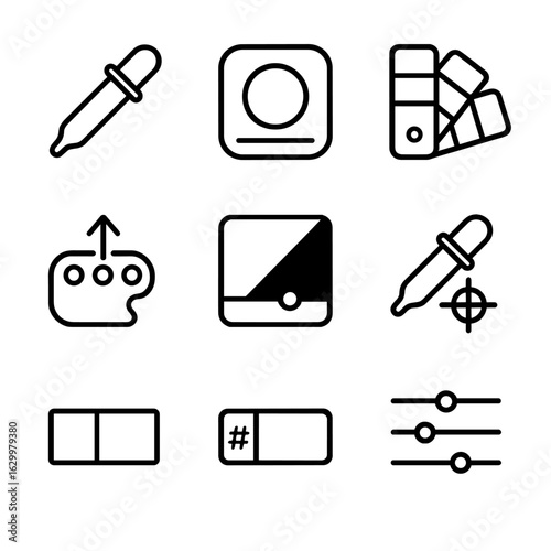 Digital Color Tools Icons. Outline icon set of digital color tools: eyedropper tool, color picker, swatch library, palette export,