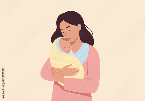 Mother Holding Sleeping Baby Wrapped in Yellow Blanket with Blue Trim