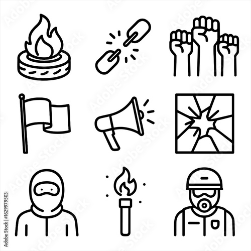 Civil Unrest Icons. Outline icon set of civil unrest: burning tire, broken chains, raised fists, riot police shield, protest flag,
